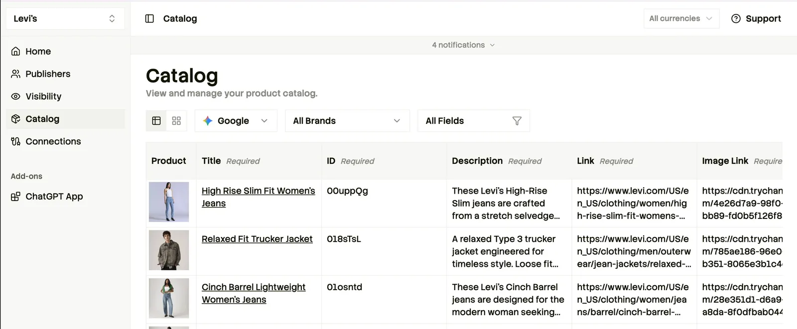 Catalog view showing Levi's products with titles, IDs, descriptions, and image links