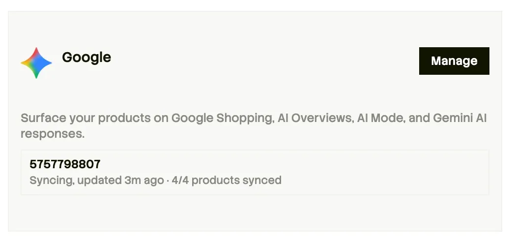 Google connection card showing merchant ID, sync status updated 3 minutes ago, and 4 of 4 products synced