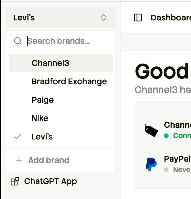 Brand selector dropdown showing managed merchants including Levi's, Nike, and Paige